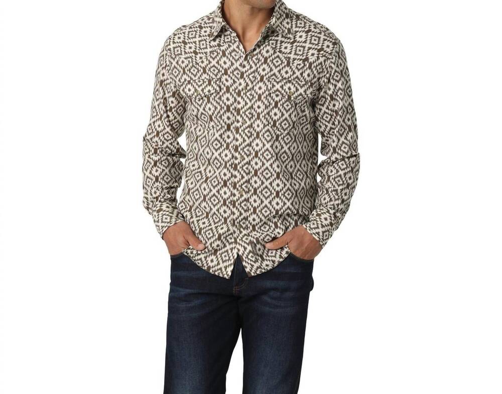 NEW WRANGLER aztec snap long sleeve shirt in brown